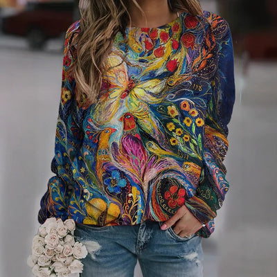 Casual Fashion Loose Ethnic Style Retro Long Sleeve Crew Neck Pullover Sweatshirt