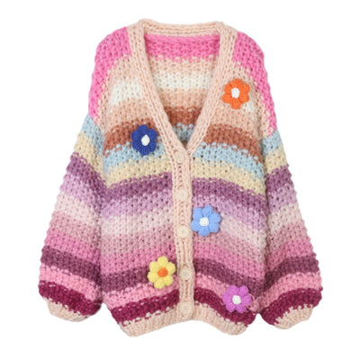 European And American Style Rainbow Pure Handmade Small Flower Striped Lazy Thick Needle Sweater