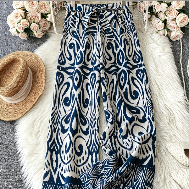 European And American Summer Holiday Floral Print Lace-up Women's Wide-leg Pants