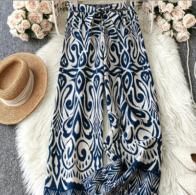 European And American Summer Holiday Floral Print Lace-up Women's Wide-leg Pants