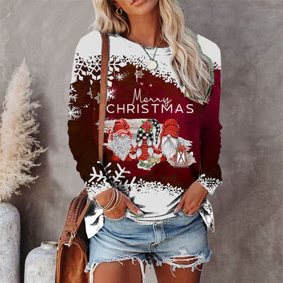 Round Neck Christmas T-shirt Printed Long Sleeve Top