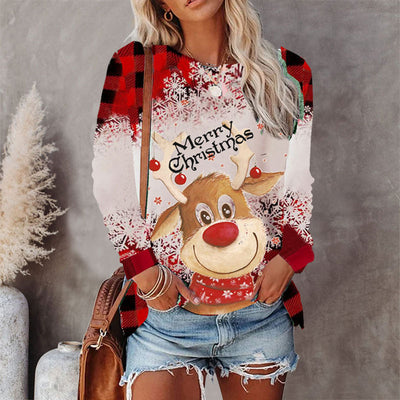 Round Neck Christmas T-shirt Printed Long Sleeve Top