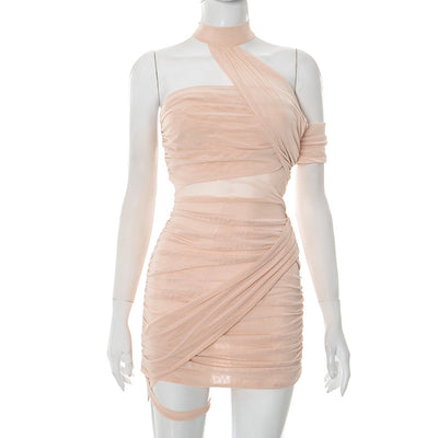 Mesh Halter Backless Asymmetric Pleated Sheath Dress