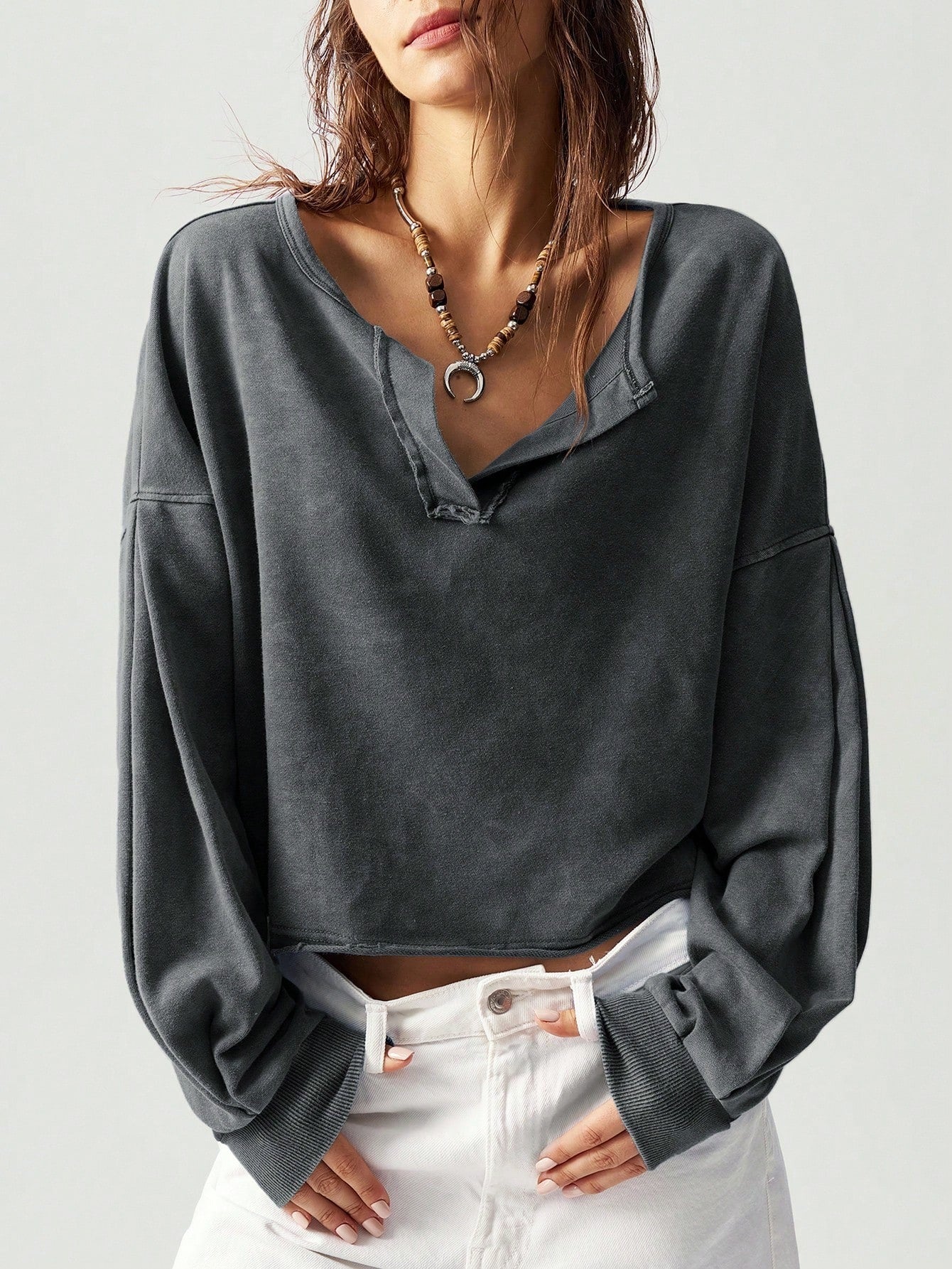 Solid Color V-neck Long Sleeved Loose Fitting Pullover
