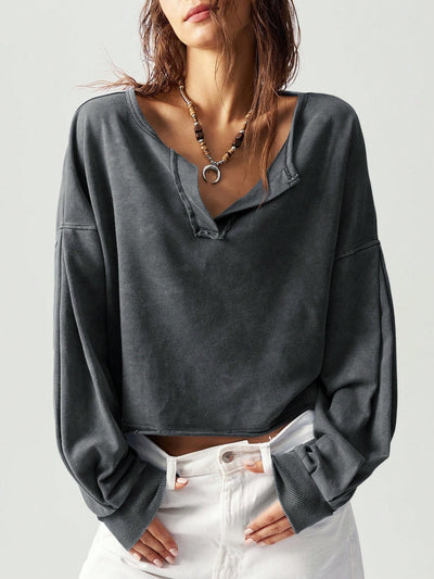 Solid Color V-neck Long Sleeved Loose Fitting Pullover