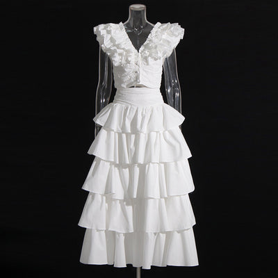 Vacation Style Fashion Casual Set Short Top Ruffled High Waist Skirt