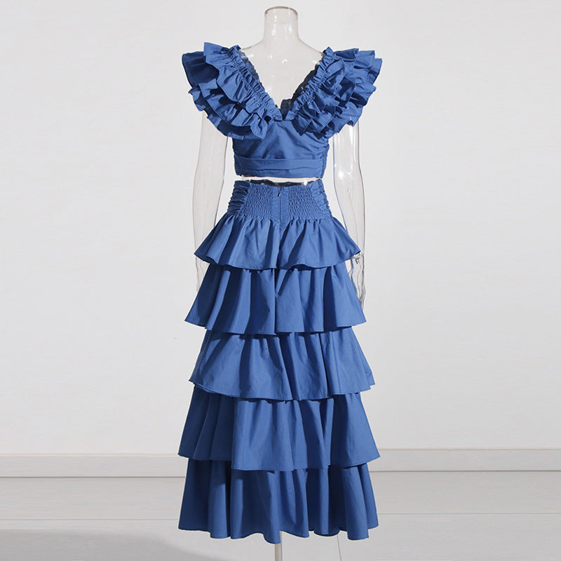 Vacation Style Fashion Casual Set Short Top Ruffled High Waist Skirt