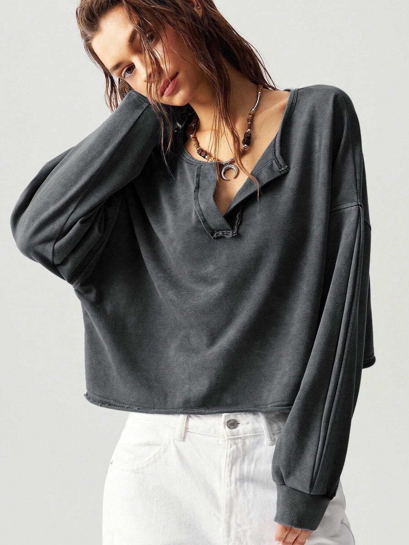 Solid Color V-neck Long Sleeved Loose Fitting Pullover
