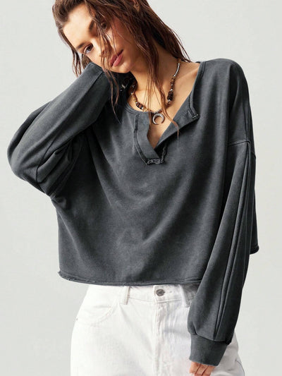 Solid Color V-neck Long Sleeved Loose Fitting Pullover