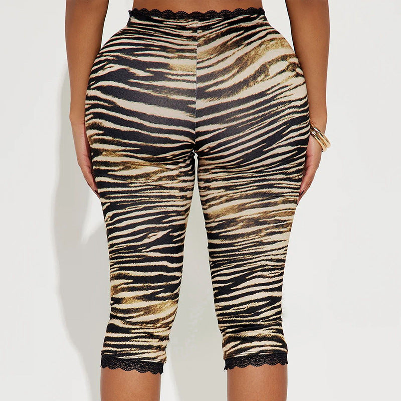 Sexy Lace Leopard Print Cropped Tight Straight-leg Pants
