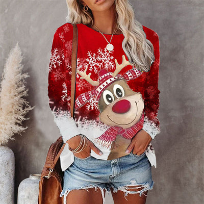 Round Neck Christmas T-shirt Printed Long Sleeve Top