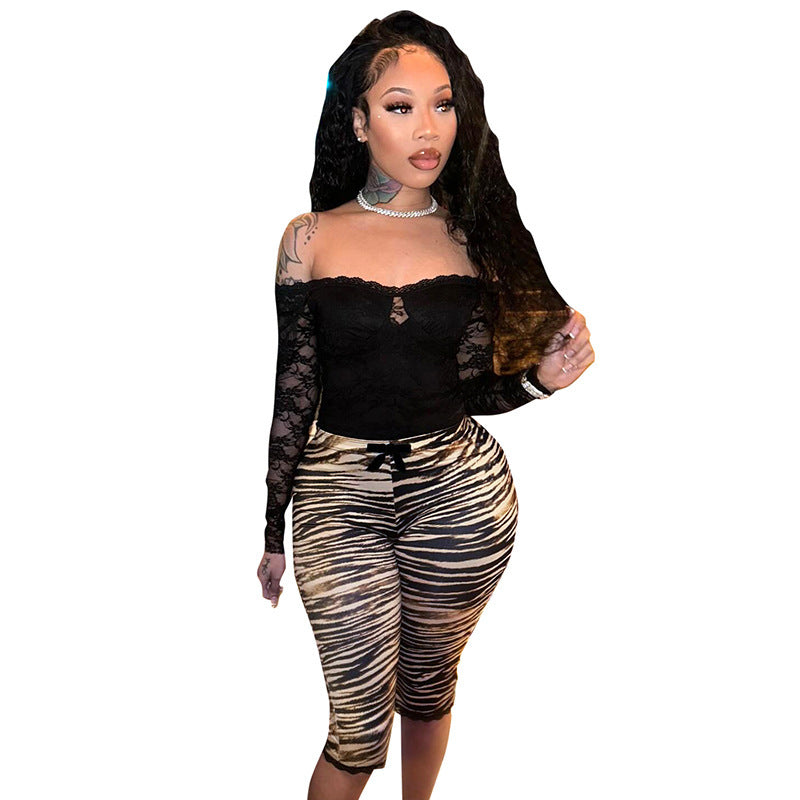Sexy Lace Leopard Print Cropped Tight Straight-leg Pants
