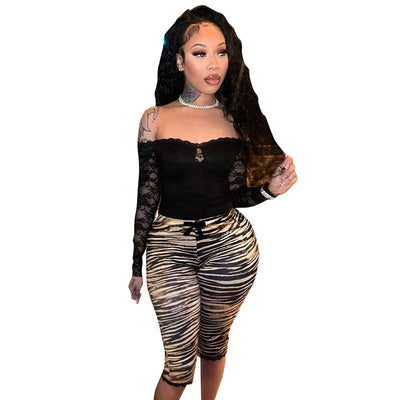 Sexy Lace Leopard Print Cropped Tight Straight-leg Pants