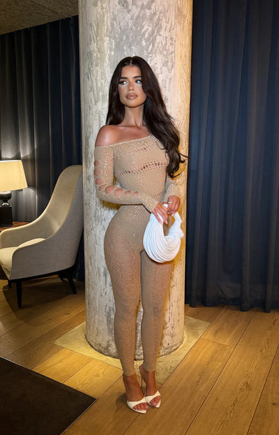 One-piece Long Sleeves Hot Rhinestone Shiny Fishnet Clothes Sexy Lingerie