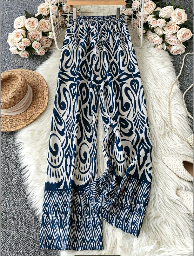 European And American Summer Holiday Floral Print Lace-up Women's Wide-leg Pants