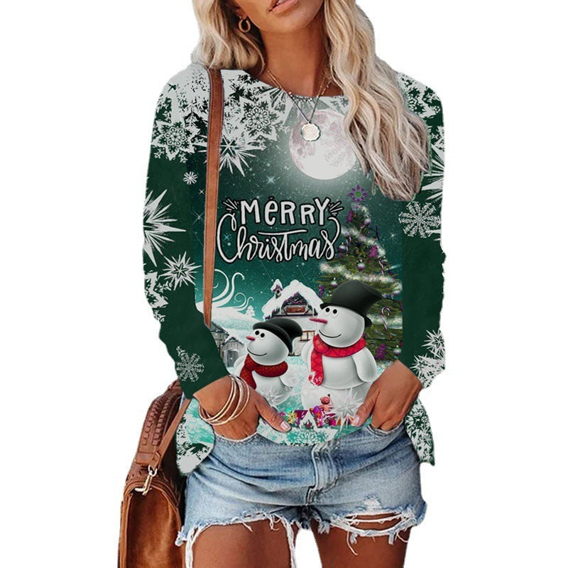 Round Neck Christmas T-shirt Printed Long Sleeve Top