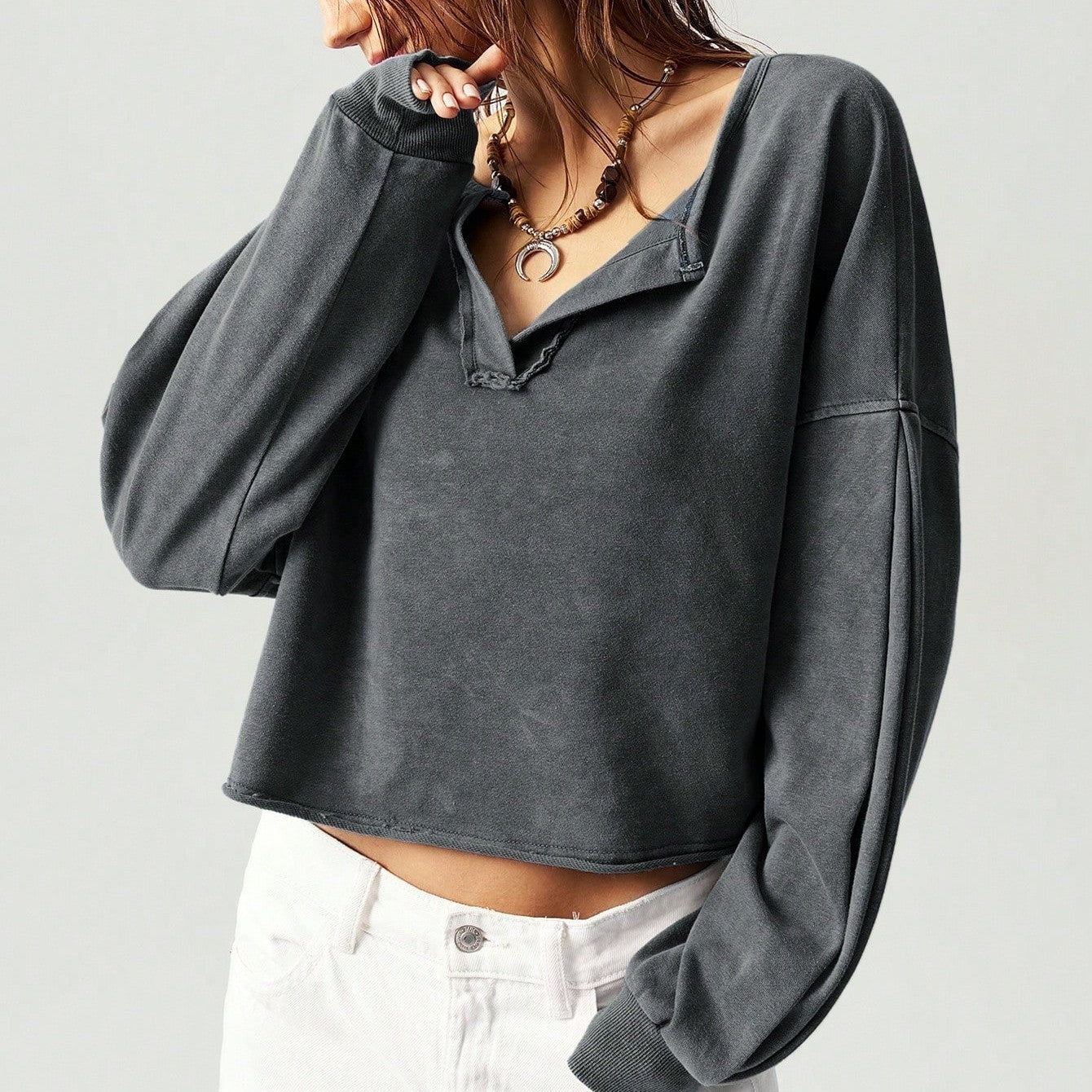 Solid Color V-neck Long Sleeved Loose Fitting Pullover