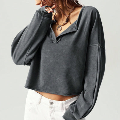 Solid Color V-neck Long Sleeved Loose Fitting Pullover
