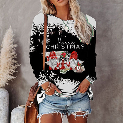 Round Neck Christmas T-shirt Printed Long Sleeve Top
